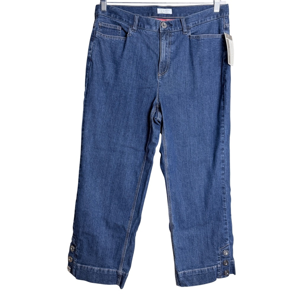 Christopher & Banks Capri Jeans 10 Blue Cropped Casual Button Hem Stretch Denim